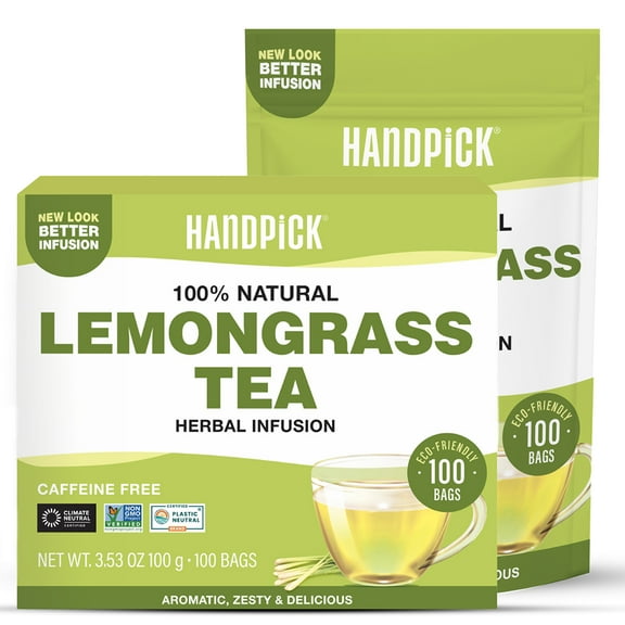 HANDPICK, Lemongrass Tea Bags (100 Count) Non-GMO, Caffeine Free - Quality Lemongrass Herbal Tea- Eco-conscious Round Tea Bags | Brew Hot or Iced Tea