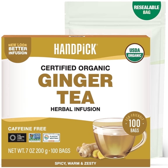 HANDPICK, Organic Ginger Tea Bags (100 Herbal Tea Bags), Caffeine Free & 100% Pure Ginger Root |Soothing & Spicy Blend | Round Eco Conscious Teabags
