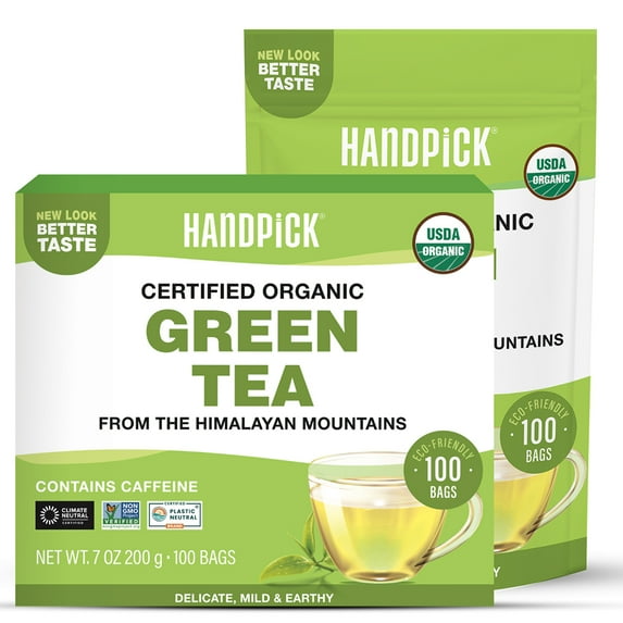 HANDPICK, Organic Green Tea Bags - 100 Eco-Friendly Tea Bags | USDA Organic | Resealable Pack for Freshness | Delicate & Flavory | Direct From India