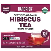 Handpick Organic Hibiscus Tea Bags, 100 Count, Caffeine-Free Herbal Tisane, Pure Dried Indian Hibiscus Flowers, Non-GMO & Eco-Conscious