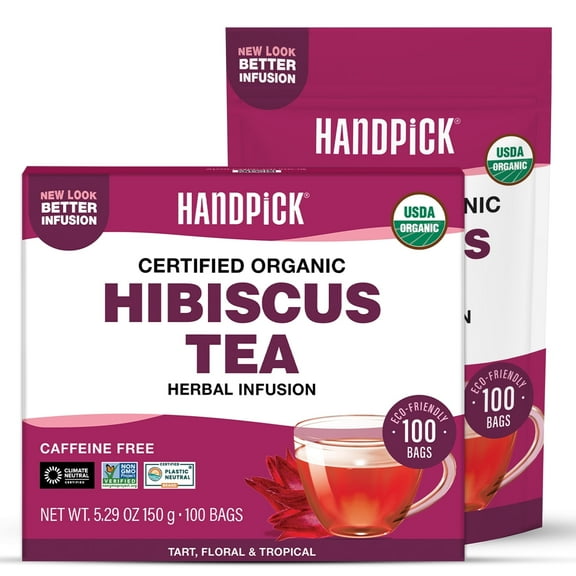 HANDPICK, Organic Hibiscus Tea Bags (100 Tea Bags) | Caffeine-Free, 100% Natural Pure Indian Hibiscus Flowers