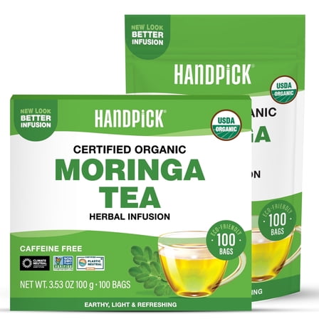 HANDPICK, Organic Moringa Tea Bags (100 Count), Pure Moringa Leaves | Authentic Indian Origin | Caffeine Free, Non GMO | Round Eco-conscious Teabags