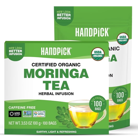HANDPICK, Organic Moringa Tea Bags (100 Count), Pure Moringa Leaves | Authentic Indian Origin | Caffeine Free, Non GMO | Round Eco-conscious Teabags