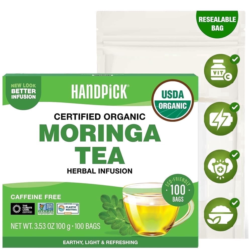 HANDPICK Organic Moringa Tea Bags (100 Count), Pure Moringa Leaves | Authentic Indian Origin