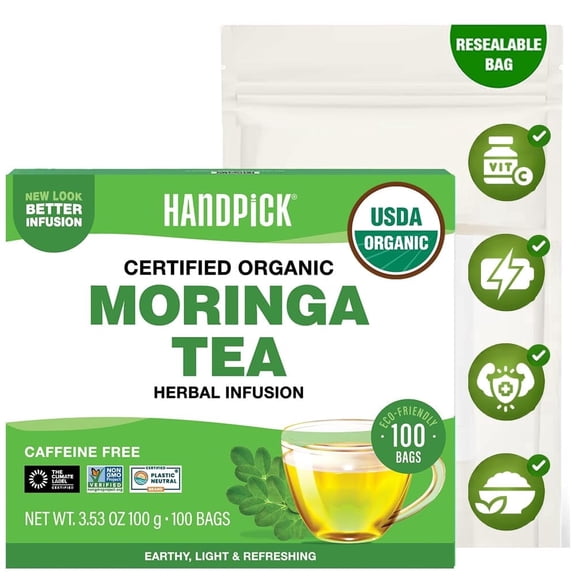 HANDPICK, Organic Moringa Tea Bags (100 Count), Pure Moringa Leaves | Authentic Indian Origin | Caffeine Free, Non GMO | Round Eco-conscious Teabags