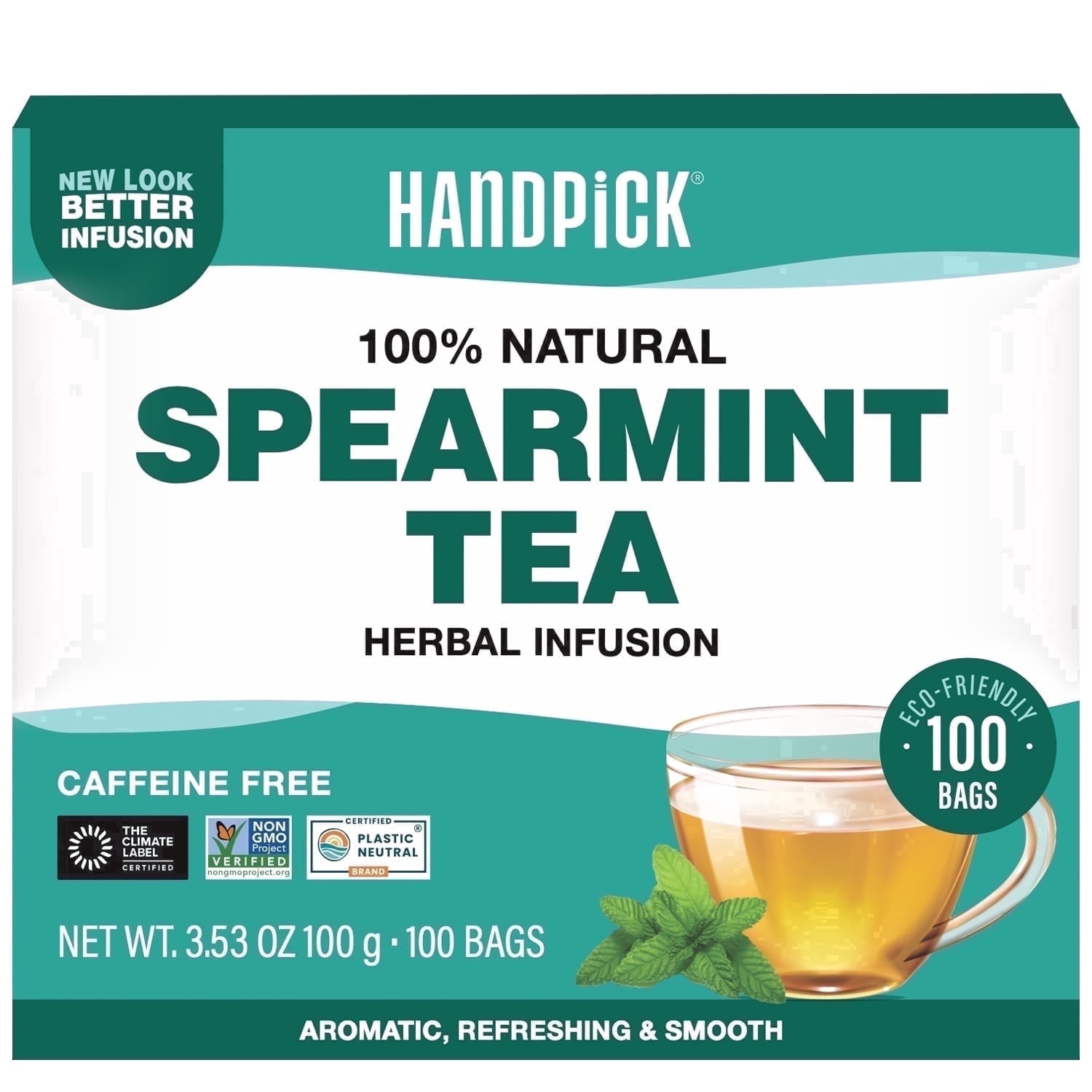 HANDPICK Spearmint Tea Bags (100 Herbal Tea Bags) |Refreshing Mint Tea | Non-GMO | Round Eco-Conscious Teabags