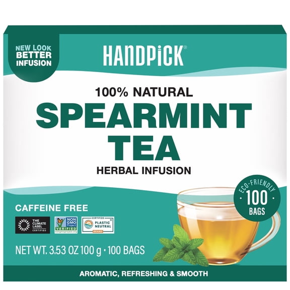HANDPICK, Spearmint Tea Bags (100 Herbal Tea Bags) |Refreshing Mint Tea | Non-GMO | Round Eco-Conscious Teabags