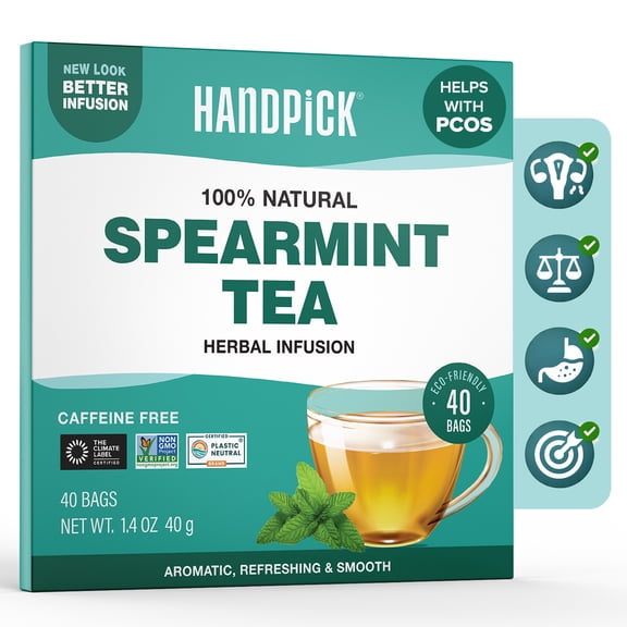 HANDPICK Spearmint Tea Bags (40 Herbal Tea Bags) |Refreshing Mint Tea | Non-GMO | Round Eco-Conscious Teabags