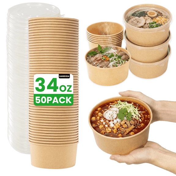 HANEKIDA 50 Count 34 oz Disposable Meal Prep Containers with Lids, Soup Serving Bowls Disposable Paper Bowls | Microwave-Safe | for Party, Takeout, Gatherings, Outdoor Meals