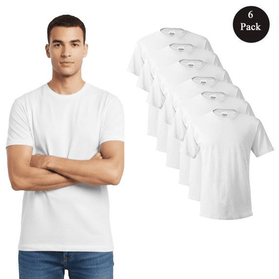 HANES Short Sleeve T-Shirt For Men - 3XL Size | 100% Cotton 6 Pack White Color Crew Neck Tee
