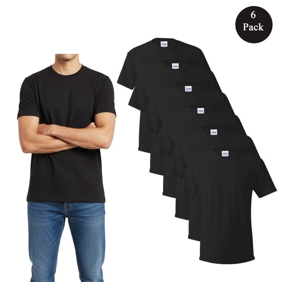 HANES Short Sleeve T-Shirt For Men's - 4XL Size | 100% Cotton 6 Pack Black Color Crew Neck Tee