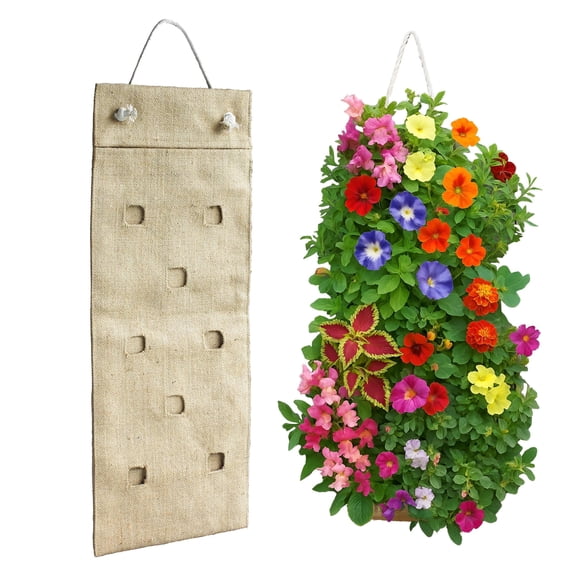 HANG & GROW Burlap Hanging Bag  8 Holes (1" Wide) with 1 Hummingbird Seed Packet  Perfect for Growing Strawberries and Attracting Hummingbirds