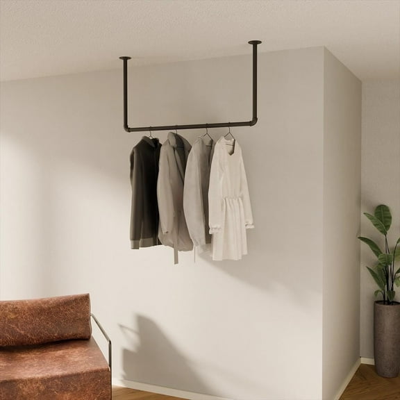 pamo clothes rail industrial loft design - HANG LOW - clothing rack for walk-in wardrobe I bedroom or bath - clothes rack made of black sturdy water pipes/tubes with wall mounting