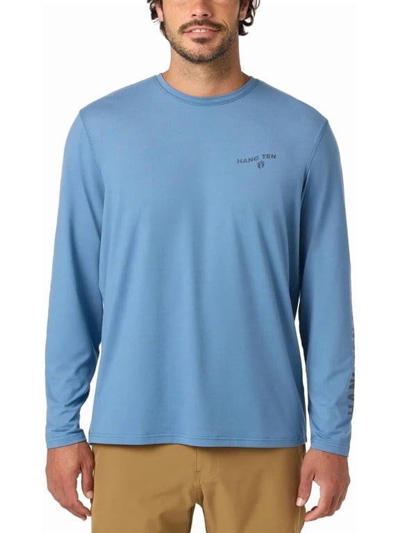 Men's Long Sleeve Sun Tee (US, Alpha, Large, Regular, Regular, Blue/Dark Blue Logo)