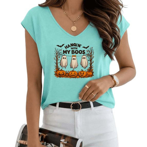 HANGIN' WITH MY BOOS Halloween Ghost Pumpkin V Neck Sleeveless Graphic Top