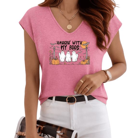 HANGIN' WITH MY BOOS Halloween Ghost Pumpkin V Neck Sleeveless Graphic Top