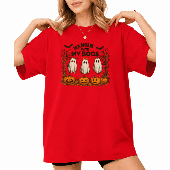HANGIN' WITH MY BOOS Halloween Graphic Tee Ghost Pumpkin Print Short Sleeve Crewneck Top