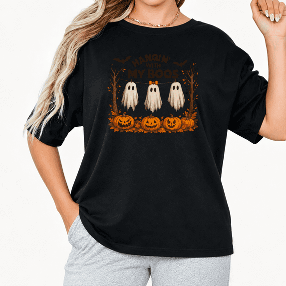 HANGIN' WITH MY BOOS Halloween Graphic Tee Ghost Pumpkin Print Short Sleeve Crewneck Top