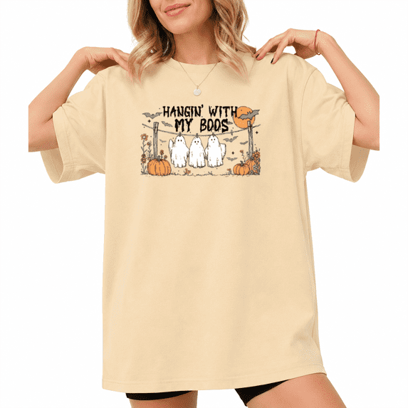 HANGIN' WITH MY BOOS Spooky Ghost Pumpkin Print T-Shirt Short Sleeve Crewneck Casual Top