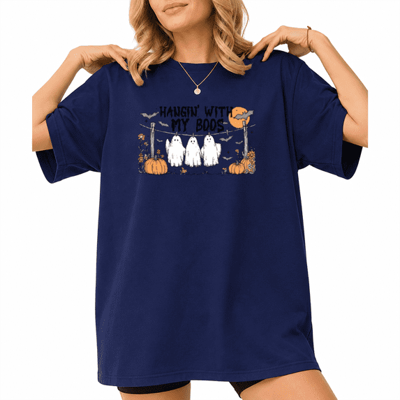 HANGIN' WITH MY BOOS Spooky Ghost Pumpkin Print T-Shirt Short Sleeve Crewneck Casual Top