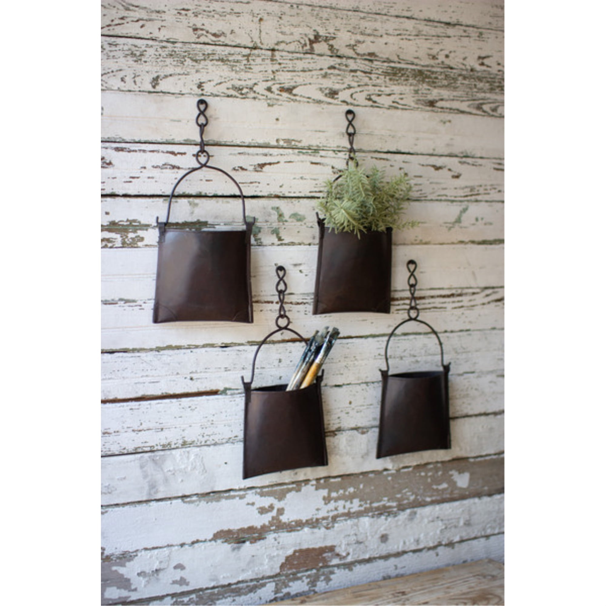 Kalalou Set of Four Distressed Iron Hanging Pocket Buckets with Chain ...