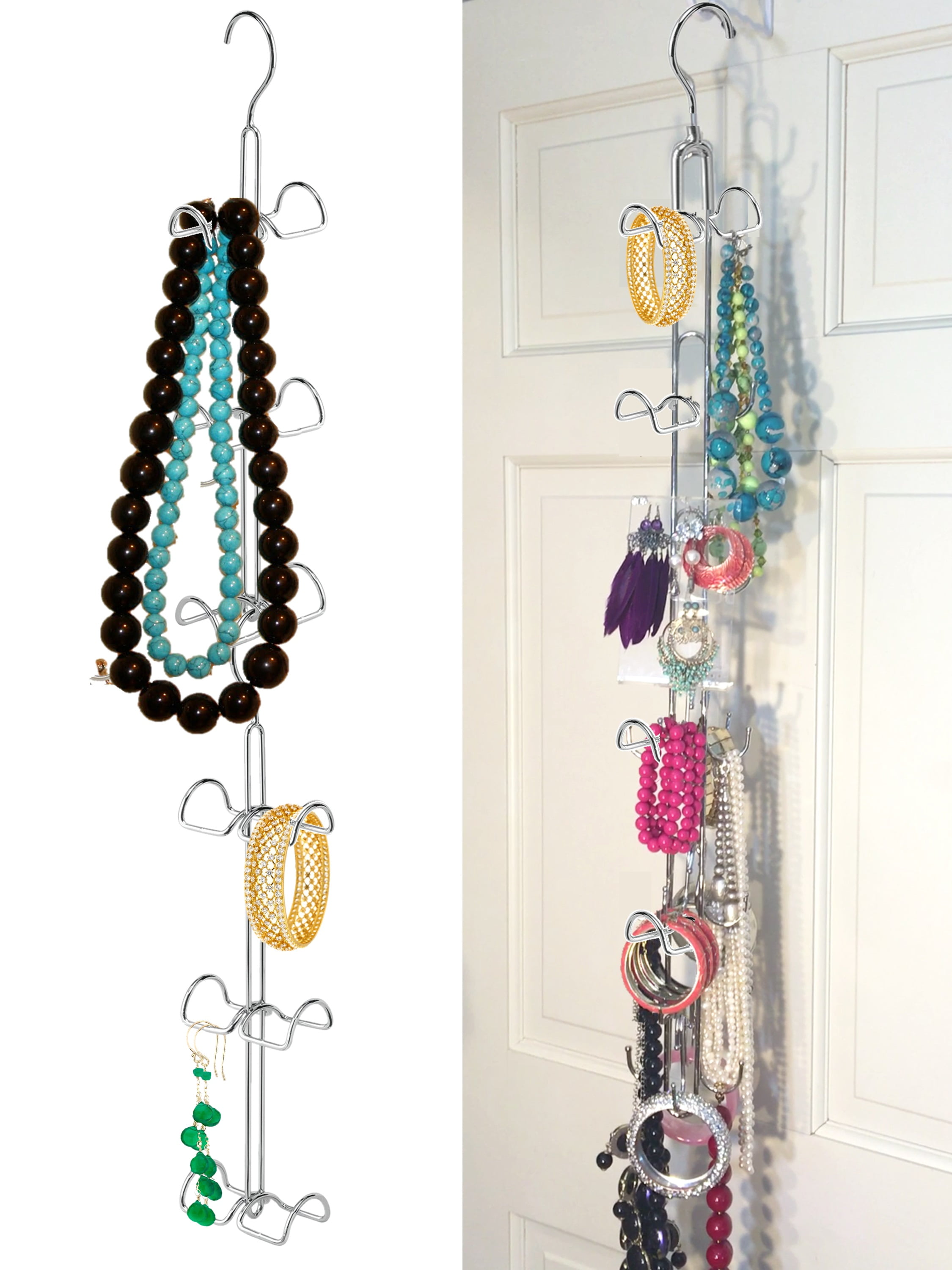 HANGING JEWELRY Organizer- Over Door Jewelry Storage; 360 ROTATING HOLDS OVER 100 PIECES; Necklaces, Bracelets, Statement Pieces, Earrings, Pearls, Rings; 12 Hooks, Chrome
