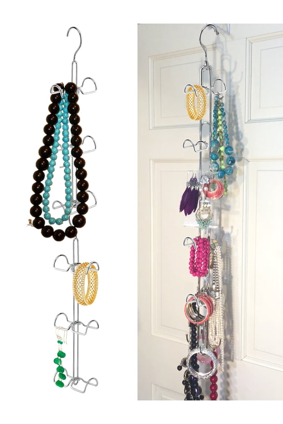 HANGING JEWELRY Organizer- Over Door Jewelry Storage; 360 ROTATING HOLDS OVER 100 PIECES; Necklaces, Bracelets, Statement Pieces, Earrings, Pearls, Rings; 12 Hooks, Chrome