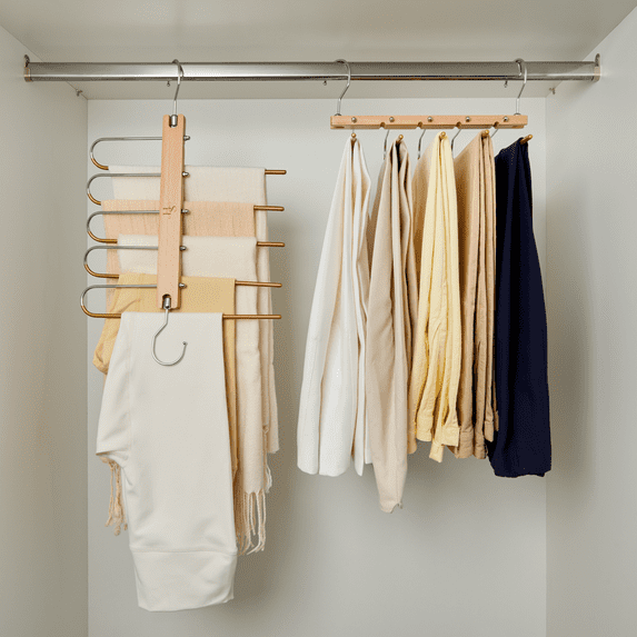 HANGSAGE Pants Hangers, 2-Pack Space-Saving Beechwood & Metal Jean Holder, 5-Tiers, 360° Swivel Hook & Non-Slip Rods, Elegant Closet Organizer