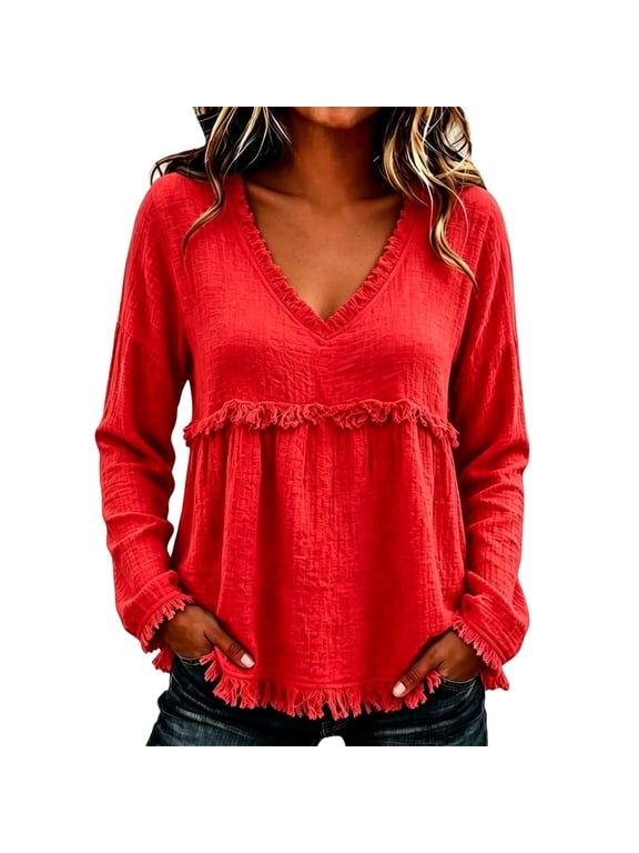 Fall Casual Women V Neck Long Sleeve Blouse Frayed Edge Loose Fit Boho Vintage Peplum Tunic Top B Red S