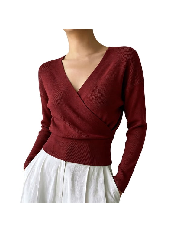 Surplice V‑Neck Faux Wrap Front Sweater for Women, Long Sleeve Ribbed Knit Cropped Top Wine S