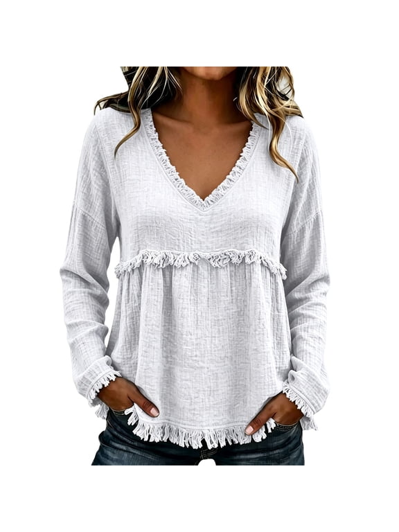 Women Boho Style V Neck Long Sleeve Shirt Frayed Edge Trim Vintage Loose Fit Peasant Peplum Top B White 3XL