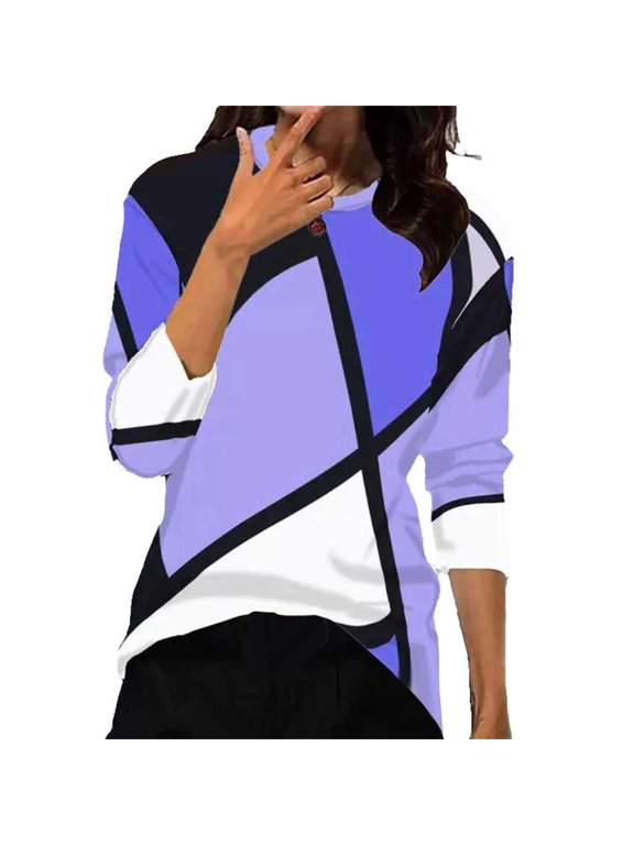 Women Crew Neck 3/4 Sleeve Blouse Color Block Print Loose Fit Casual Daily Top A Purple 1 3XL