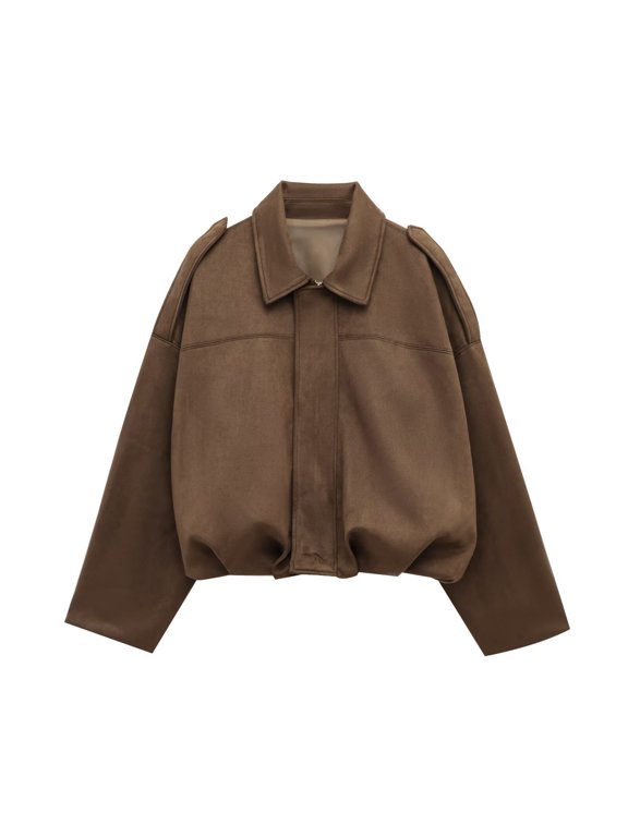 Women Elastic Bubble Hem Cropped Outerwear Coat Lapel Collar Shoulder Straps Drop Shoulder Long Sleeve Zip Up Oversized Loose Fit B Coffee S