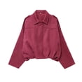 thumbnail image 1 of HANLONG Women Lapel Collar Shoulder Straps Batwing Long Sleeve Zip Up Cropped Oversized Loose Fit Elastic Bubble Hem Casual Outerwear Coat A Hot Pink L, 1 of 7