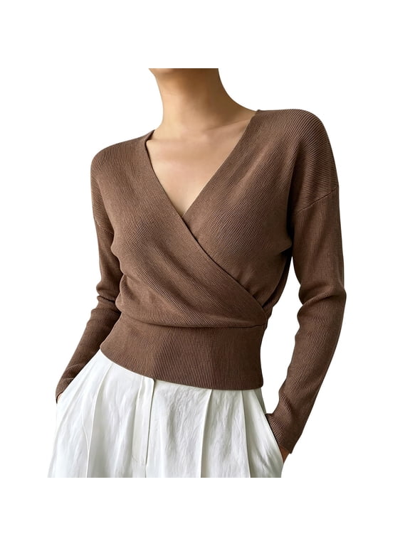 Women Long Sleeve Faux Wrap Front Sweater, Surplice V‑Neck Ribbed Knit Cropped Top with Ribbed Fitted Waist Hem Coffee L