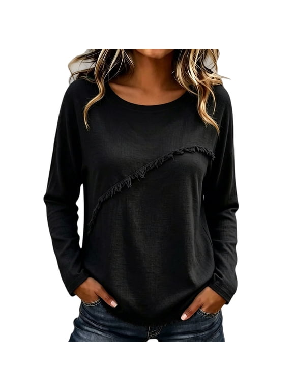 Women Long Sleeve Scoop Neck Tunic Top Frayed Raw Edge Hem Loose Fit Boho Casual Crinkle Shirt D Black 2XL