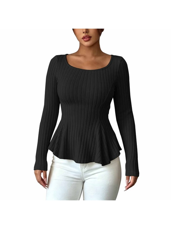 Women Peplum Hem Casual Top, Square Neck Peplum Long Sleeve Ribbed Knit Fitted Waist Black 2XL