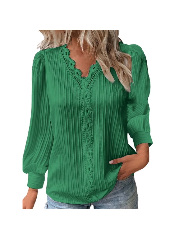 Women Plain Long Sleeve V‑Neck Top Lace Trim Puff Shoulder Casual Daily Shirt A Green S