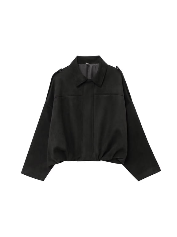 Women's Bomber Jackets Fall, Cropped Zip Up Outerwear Coat Shoulder Straps Drop Shoulder Oversized Loose Fit Elastic Bubble Hem A Black S