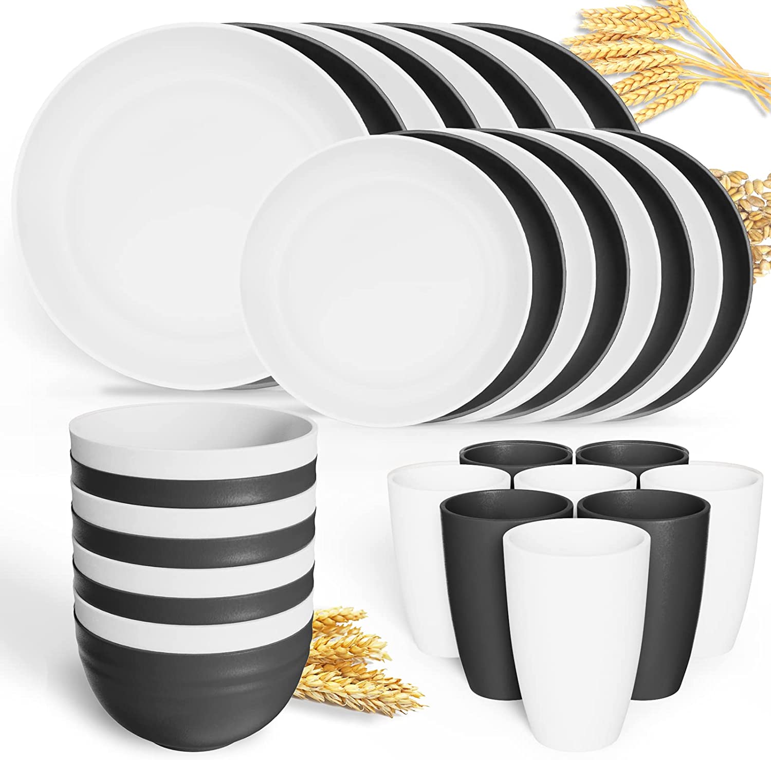 HANMFEI Wheat Straw Dinnerware Sets for 8 (32pcs), Plastic Plates and Bowls Sets, Unbreakable
