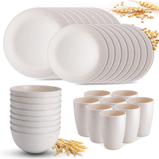 HANMFEI Wheat Straw Dinnerware Sets for 8 (32pcs), Plastic Plates and Bowls Sets, Unbreakable