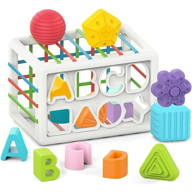 HANMUN Baby Shape Sorter Toy, Montessori Toys, Developmental Toys for 1 Year Old, Storage Cube Bin & 6 Sensory Shape Blocks, Toddler Toys Age 1-2, Fine Motor Skills, Boy Girl Birthday Gifts