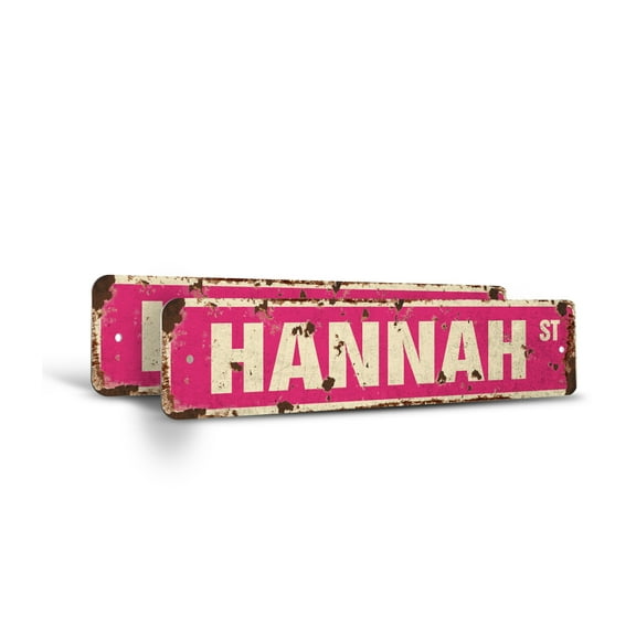 HANNAH Vintage Style Rustic Street Sign – (2 Pack) Childrens Name Room Sign Retro Decorative Wall Sign for Home, Bar, Garage, or Outdoor Use | 6" X 24" Aluminum Metal Road Sign