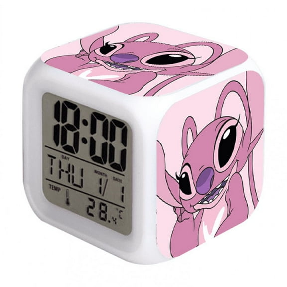 HANNTAOO Digital Alarm Clock for Kids, Cartoon Stitch Pattern 7 LED Color Changing Wake Up Clock with Thermometer Function and Night Light, Gift for Boys Girls A93-1806 HTNL#1347