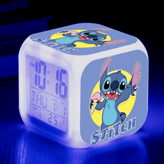 HANNTAOO Digital Alarm Clock for Kids, Cartoon Stitch Pattern 7 LED Color Changing Wake Up Clock with Thermometer Function and Night Light, Gift for Boys Girls A93-1818 HTNL#1359