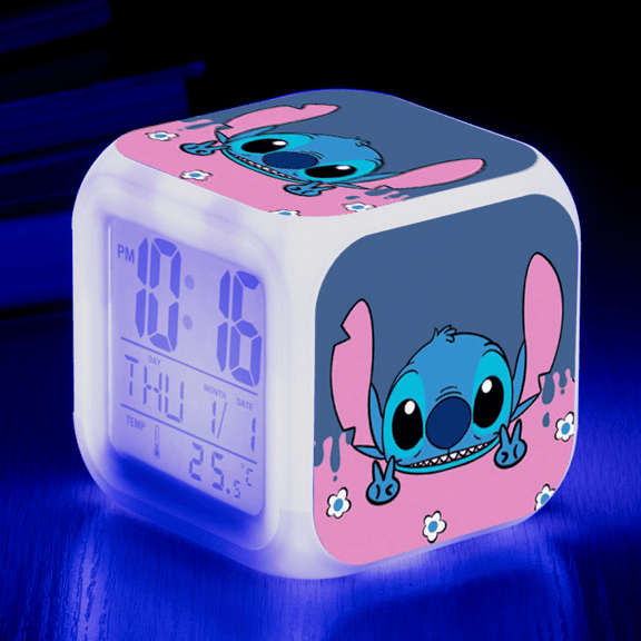 HANNTAOO Digital Alarm Clock for Kids, Cartoon Stitch Pattern 7 LED Color Changing Wake Up Clock with Thermometer Function and Night Light, Gift for Boys Girls A93-1827 HTNL#1368