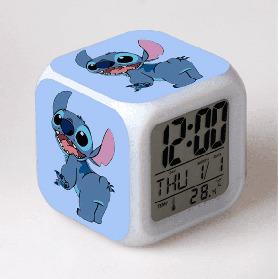 HANNTAOO Digital Alarm Clock for Kids, Cartoon Stitch Pattern 7 LED Color Changing Wake Up Clock with Thermometer Function and Night Light, Gift for Boys Girls A93-1875 HTNL#1416