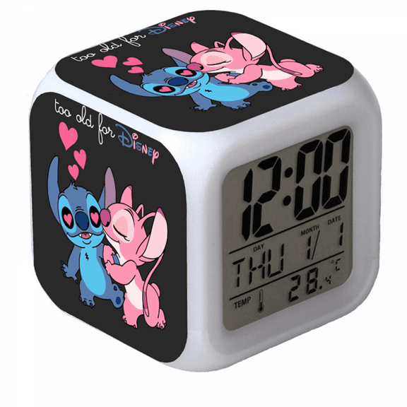 Hfnggwee Digital Alarm Clock for Kids, Cartoon Stitch Pattern 7 LED Color Changing Wake Up Clock with Thermometer Function and Night Light, Gift for Boys Girls A93-1888 NZ113-603