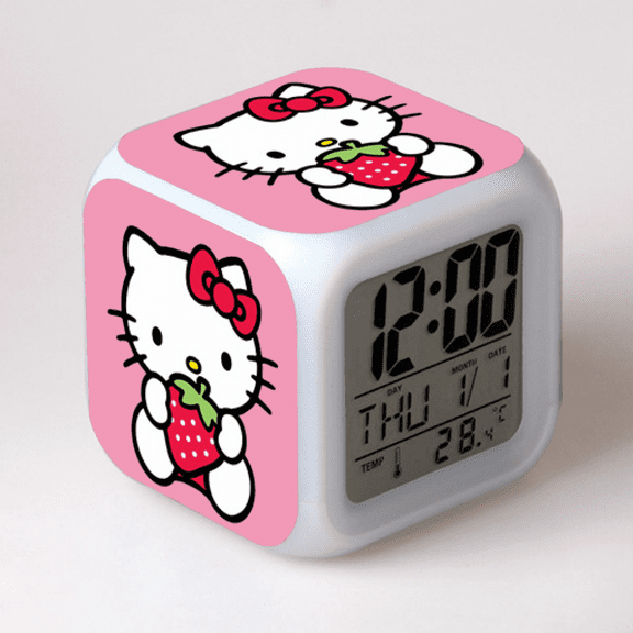 HANNTAOO Digital Alarm Clock for Kids, Hello Kitty Pattern 7 LED Color Changing Wake Up Clock with Thermometer Function and Night Light, Gift for Boys Girls A93-058 HTNL#1056