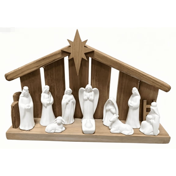 HANOBE Nativity Manger Wood Nativity Scene with Roof Star 14.5 x 10.5 Inch